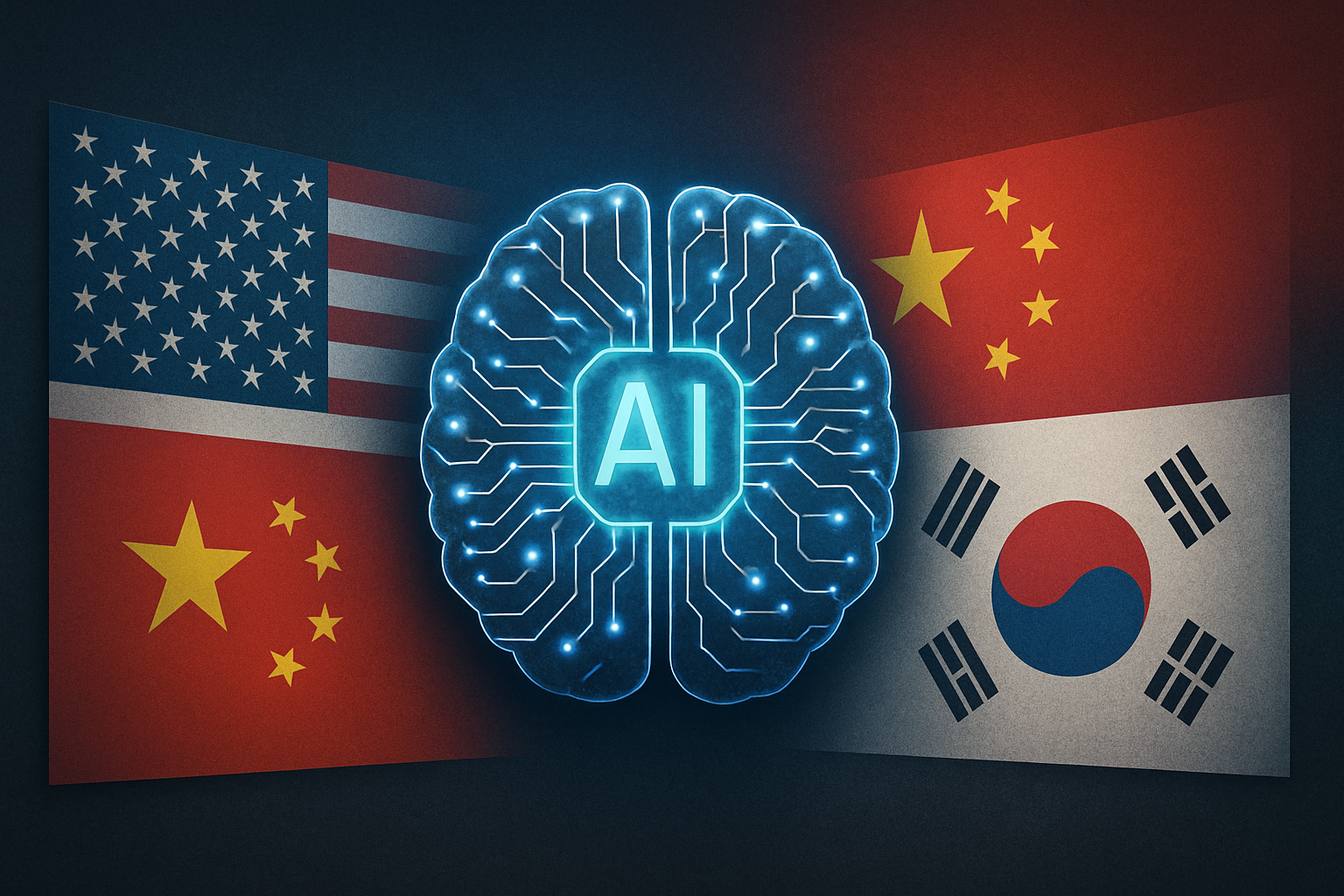 미국, 중국, 한국 국기와 중앙에 위치한 발광 AI 브레인 이미지