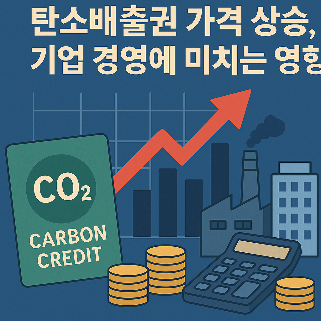 탄소배출권 가격 상승과 기업 경영 부담을 상징하는 그래프, CO2 배출권 카드, 산업 아이콘 이미지