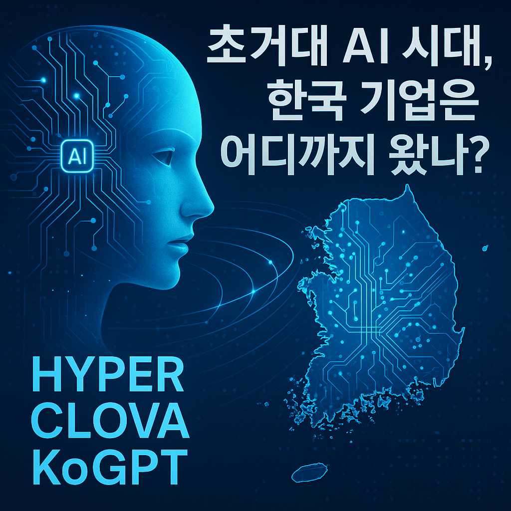 한국 초거대 AI 기술을 상징하는 회로와 AI 얼굴 이미지