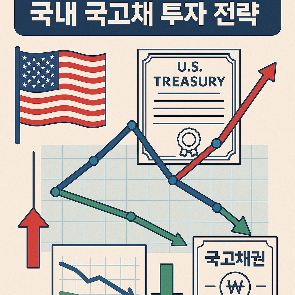 미국채 금리 변화와 한국 국고채 투자 전략을 상징하는 금리 그래프와 국채 이미지